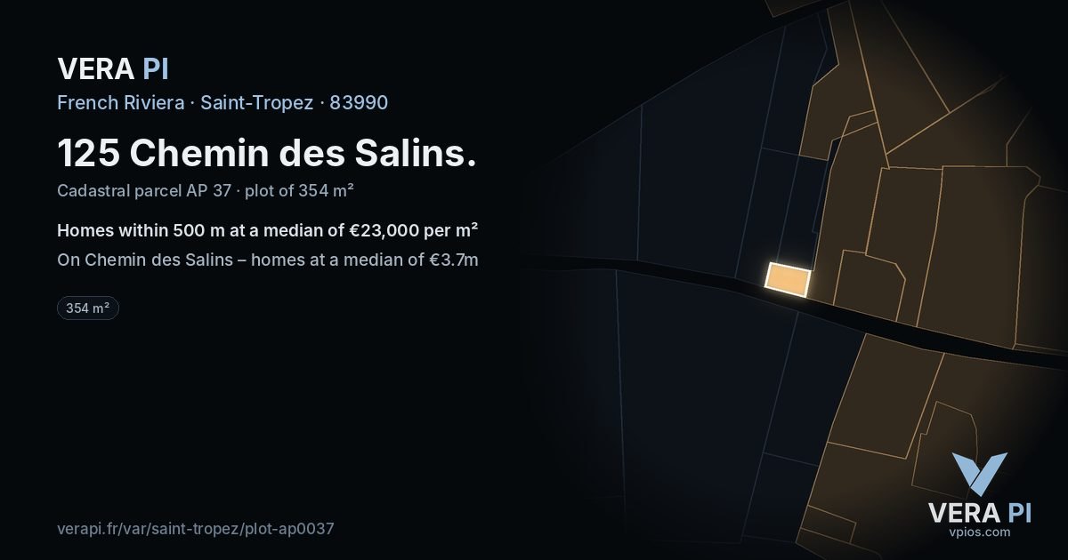 125 Chemin des Salins, Saint-Tropez at night – the plot lit, the parcels around coloured by the prices near them