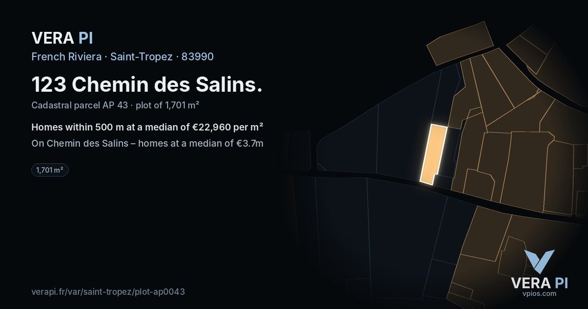 123 Chemin des Salins, Saint-Tropez at night – the plot lit, the parcels around coloured by the prices near them