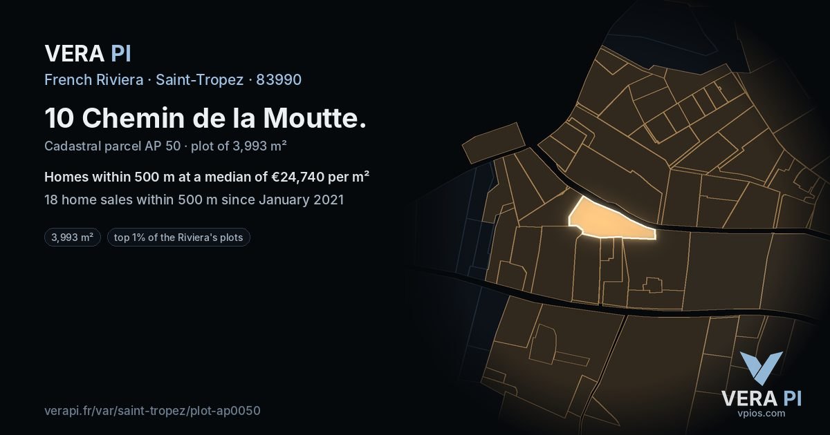 10 Chemin de la Moutte, Saint-Tropez at night – the plot lit, the parcels around coloured by the prices near them