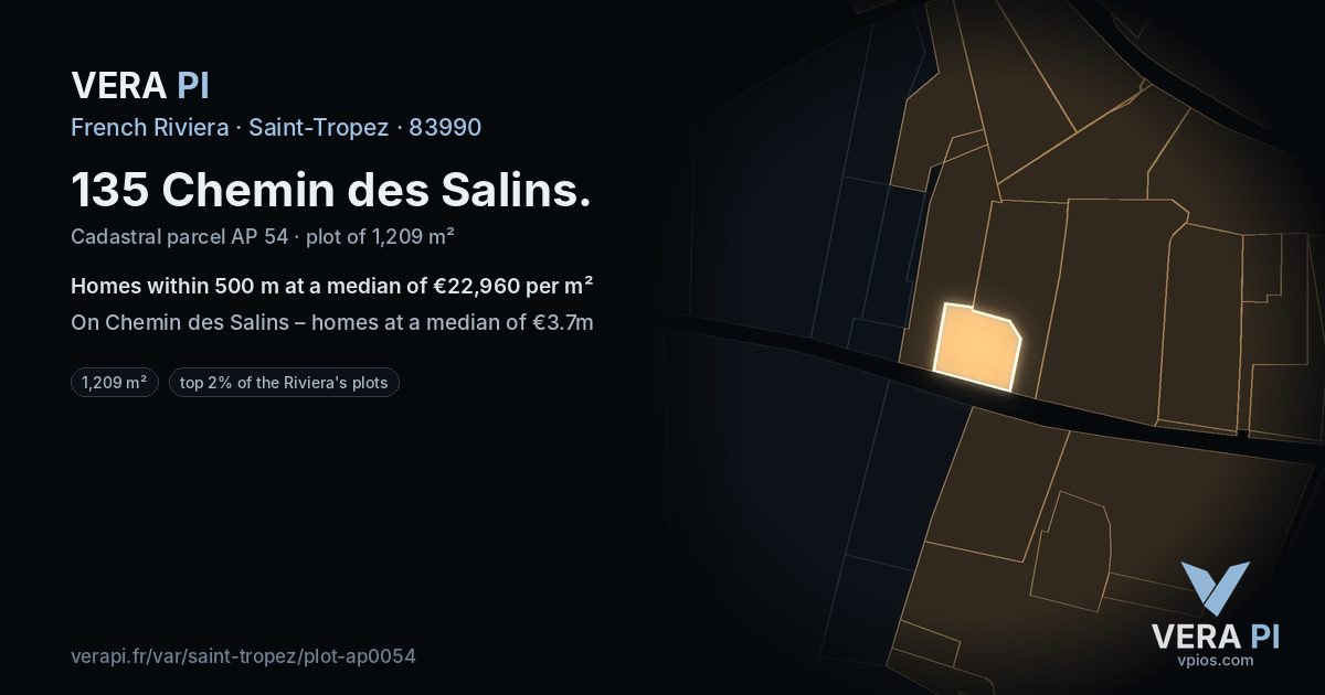 135 Chemin des Salins, Saint-Tropez at night – the plot lit, the parcels around coloured by the prices near them