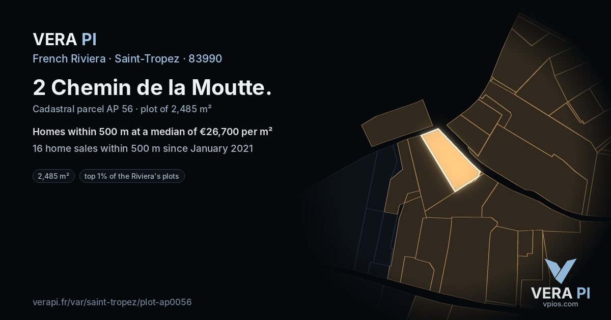 2 Chemin de la Moutte, Saint-Tropez at night – the plot lit, the parcels around coloured by the prices near them