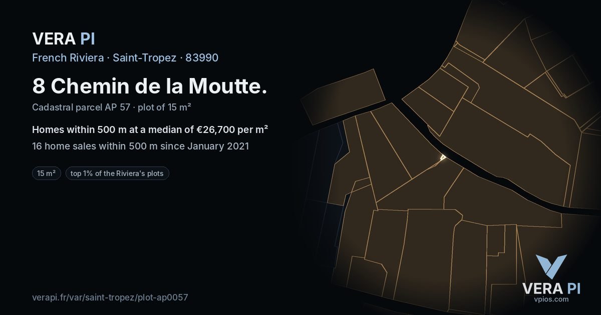 8 Chemin de la Moutte, Saint-Tropez at night – the plot lit, the parcels around coloured by the prices near them