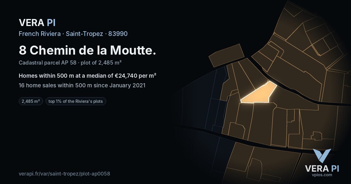 8 Chemin de la Moutte, Saint-Tropez at night – the plot lit, the parcels around coloured by the prices near them