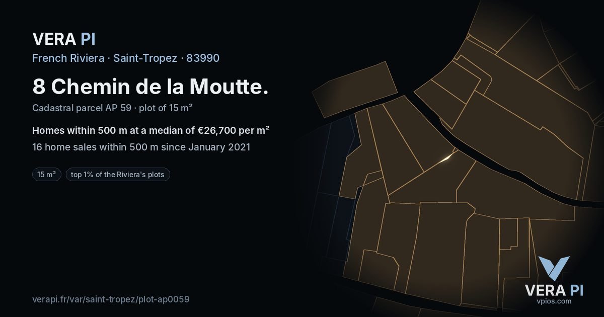 8 Chemin de la Moutte, Saint-Tropez at night – the plot lit, the parcels around coloured by the prices near them