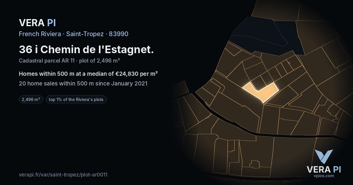 36 i Chemin de l'Estagnet, Saint-Tropez at night – the plot lit, the parcels around coloured by the prices near them