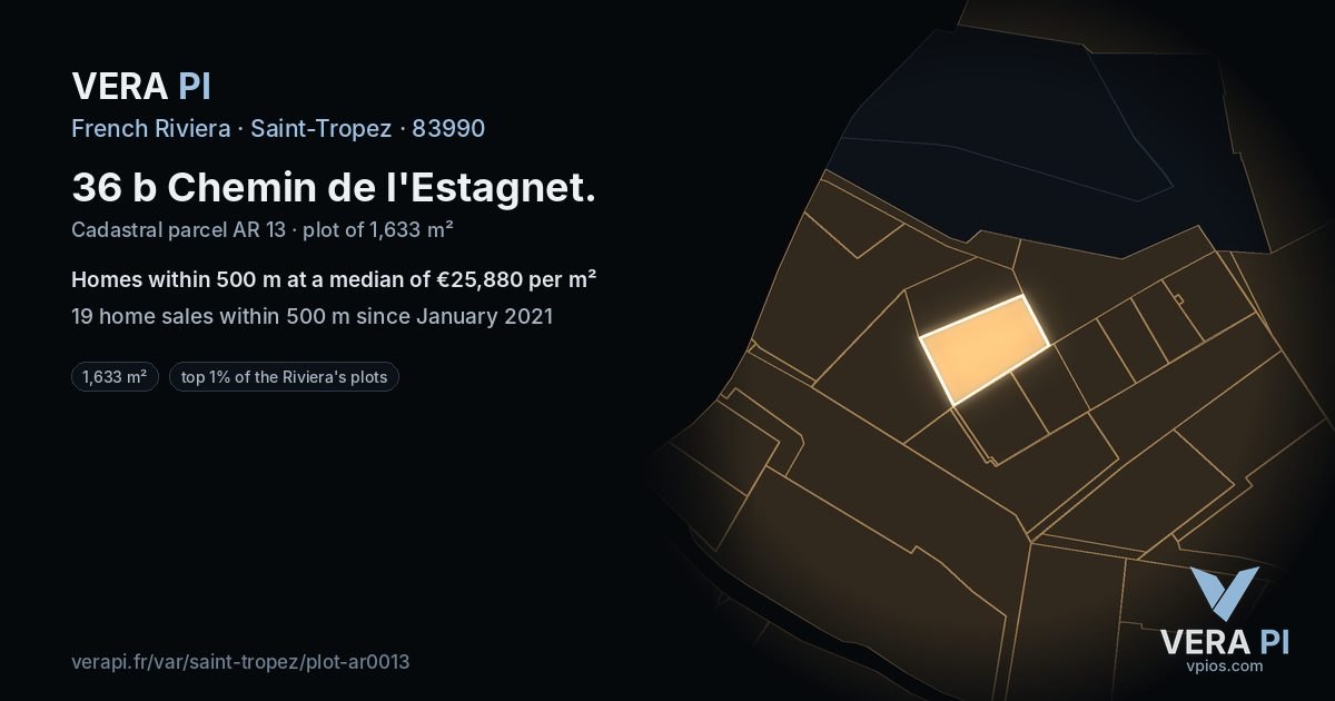 36 b Chemin de l'Estagnet, Saint-Tropez at night – the plot lit, the parcels around coloured by the prices near them