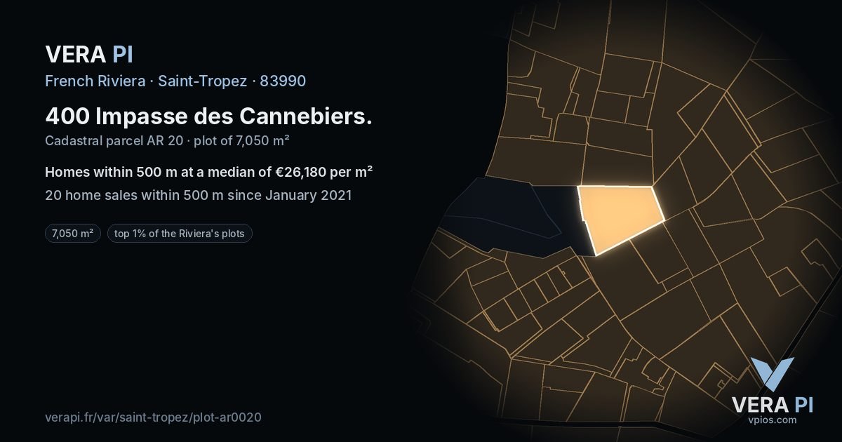 400 Impasse des Cannebiers, Saint-Tropez at night – the plot lit, the parcels around coloured by the prices near them