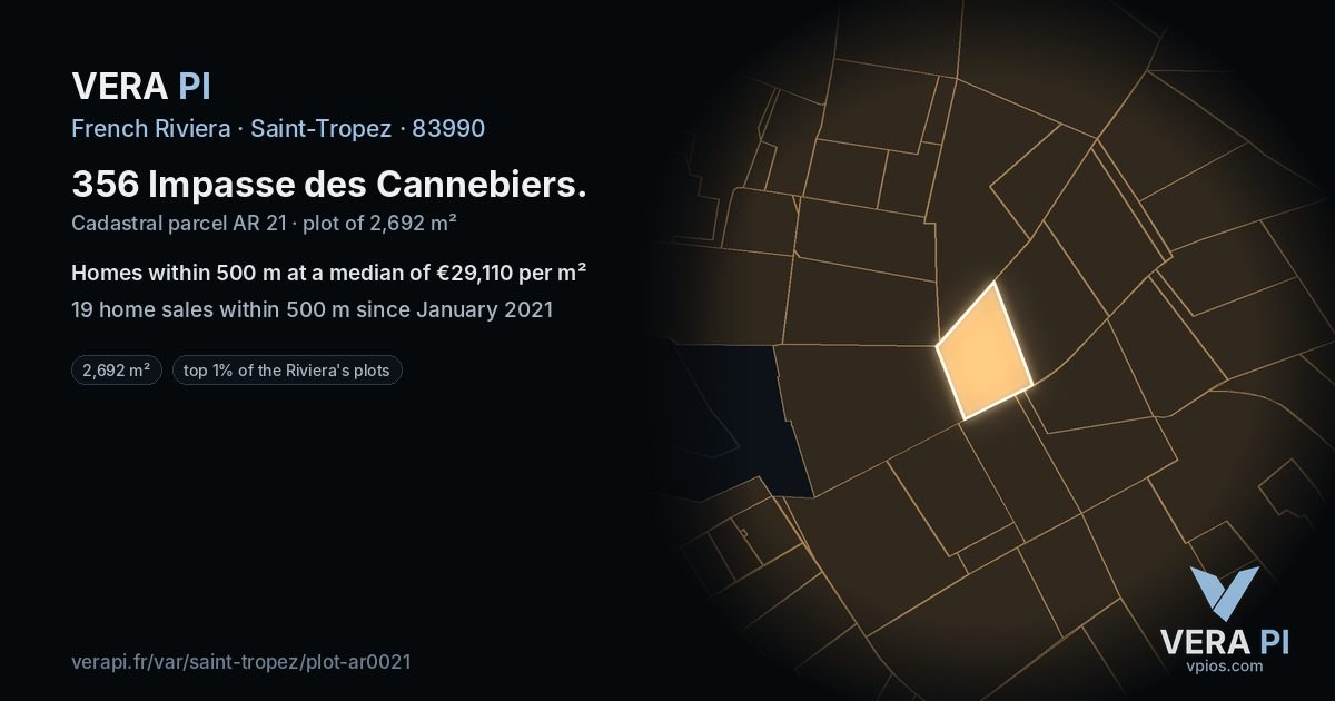 356 Impasse des Cannebiers, Saint-Tropez at night – the plot lit, the parcels around coloured by the prices near them