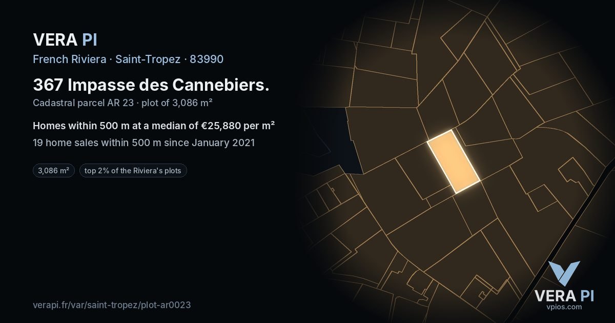 367 Impasse des Cannebiers, Saint-Tropez at night – the plot lit, the parcels around coloured by the prices near them