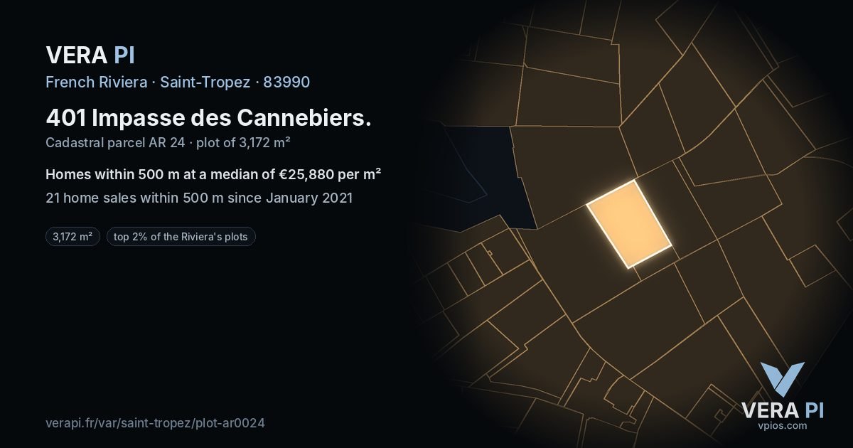 401 Impasse des Cannebiers, Saint-Tropez at night – the plot lit, the parcels around coloured by the prices near them