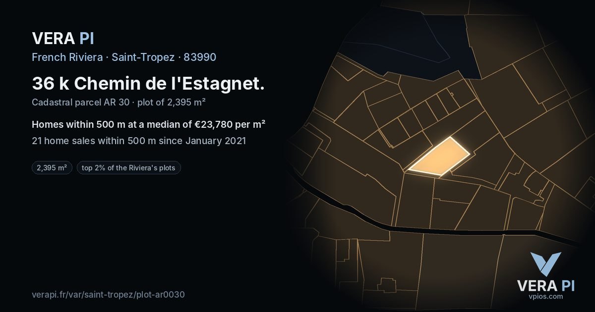 36 k Chemin de l'Estagnet, Saint-Tropez at night – the plot lit, the parcels around coloured by the prices near them