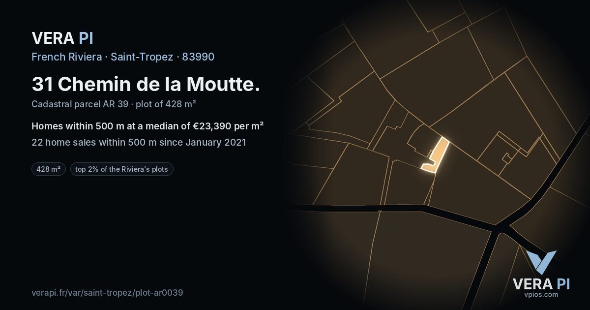 31 Chemin de la Moutte, Saint-Tropez at night – the plot lit, the parcels around coloured by the prices near them