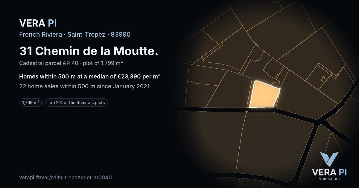 31 Chemin de la Moutte, Saint-Tropez at night – the plot lit, the parcels around coloured by the prices near them