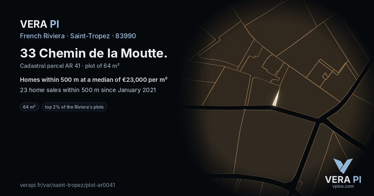 33 Chemin de la Moutte, Saint-Tropez at night – the plot lit, the parcels around coloured by the prices near them