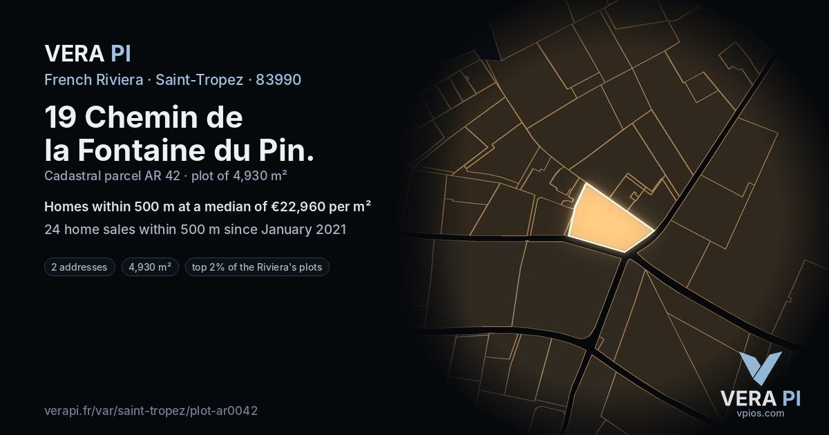 19 Chemin de la Fontaine du Pin, Saint-Tropez at night – the plot lit, the parcels around coloured by the prices near them