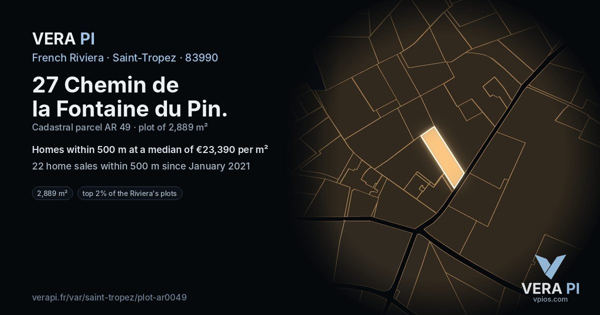 27 Chemin de la Fontaine du Pin, Saint-Tropez at night – the plot lit, the parcels around coloured by the prices near them