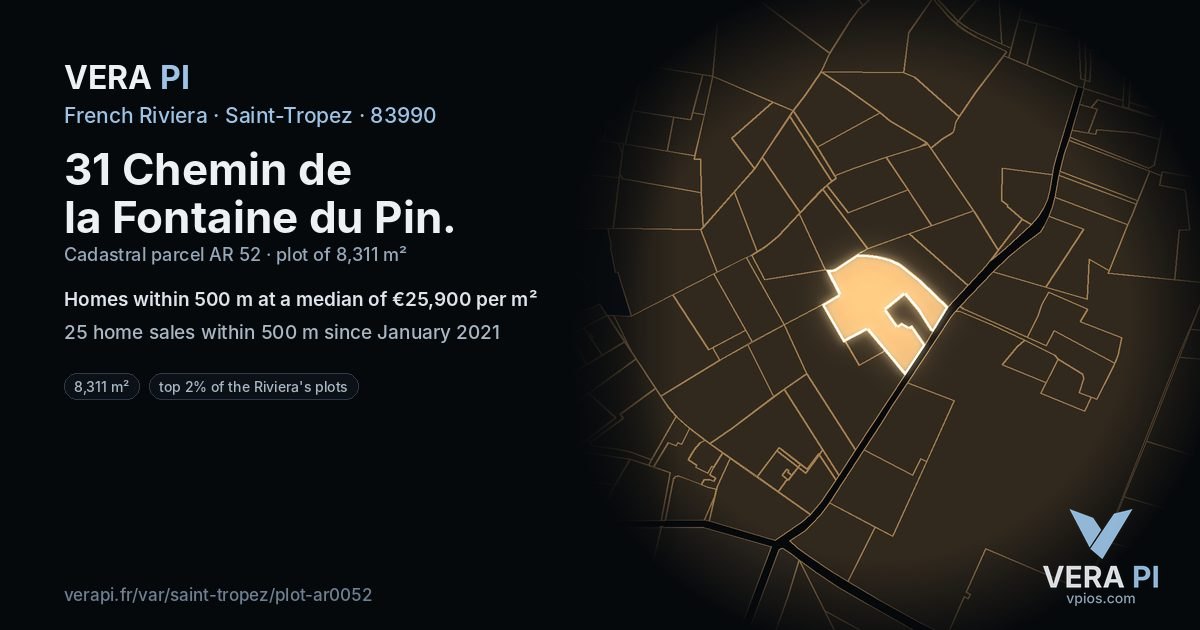 31 Chemin de la Fontaine du Pin, Saint-Tropez at night – the plot lit, the parcels around coloured by the prices near them