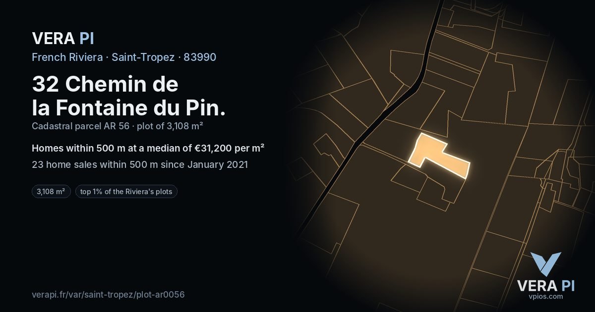 32 Chemin de la Fontaine du Pin, Saint-Tropez at night – the plot lit, the parcels around coloured by the prices near them
