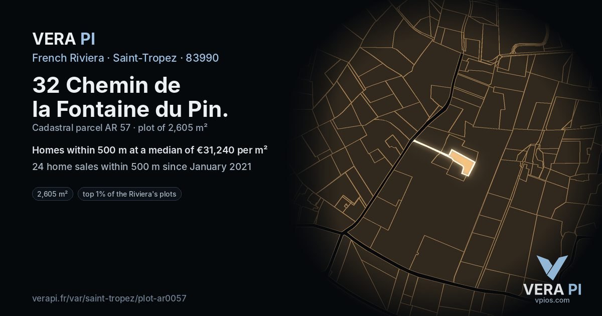 32 Chemin de la Fontaine du Pin, Saint-Tropez at night – the plot lit, the parcels around coloured by the prices near them