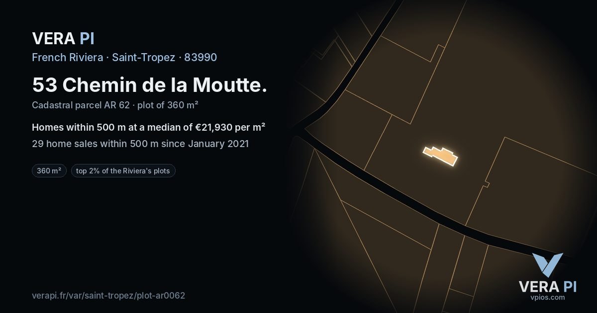53 Chemin de la Moutte, Saint-Tropez at night – the plot lit, the parcels around coloured by the prices near them