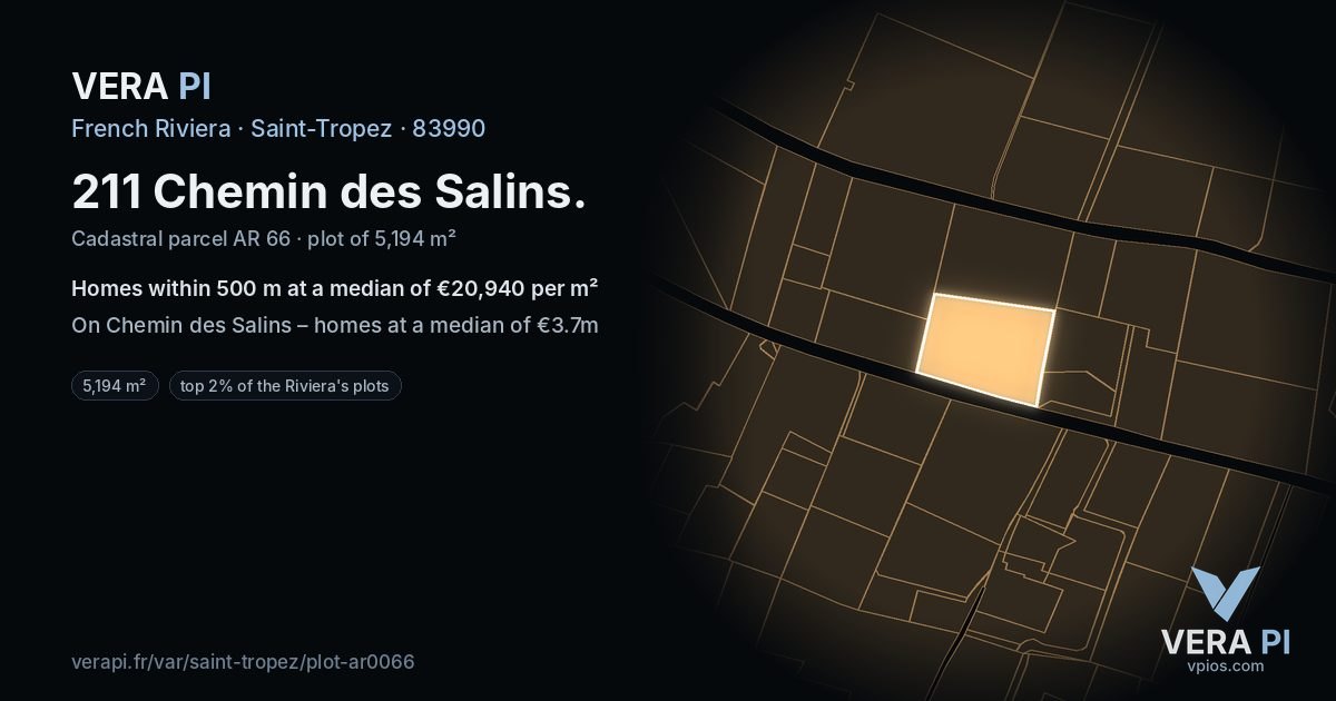 211 Chemin des Salins, Saint-Tropez at night – the plot lit, the parcels around coloured by the prices near them
