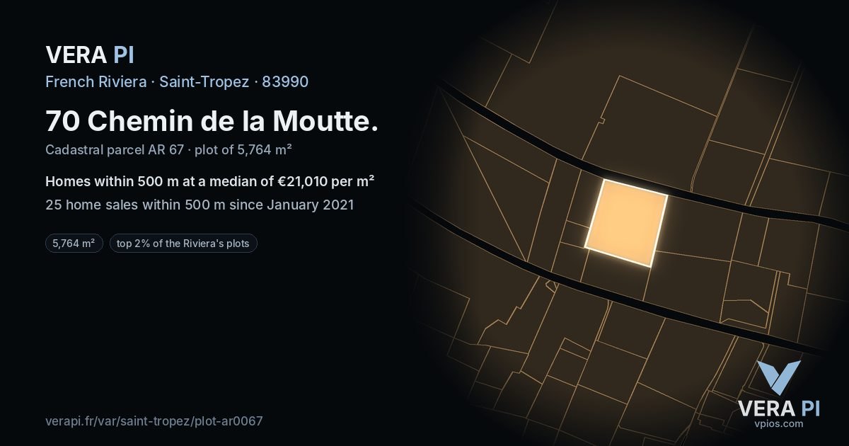 70 Chemin de la Moutte, Saint-Tropez at night – the plot lit, the parcels around coloured by the prices near them