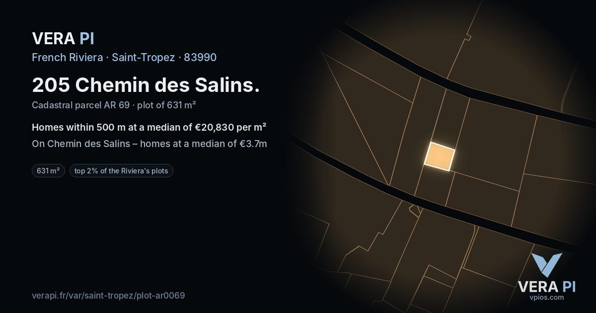 205 Chemin des Salins, Saint-Tropez at night – the plot lit, the parcels around coloured by the prices near them