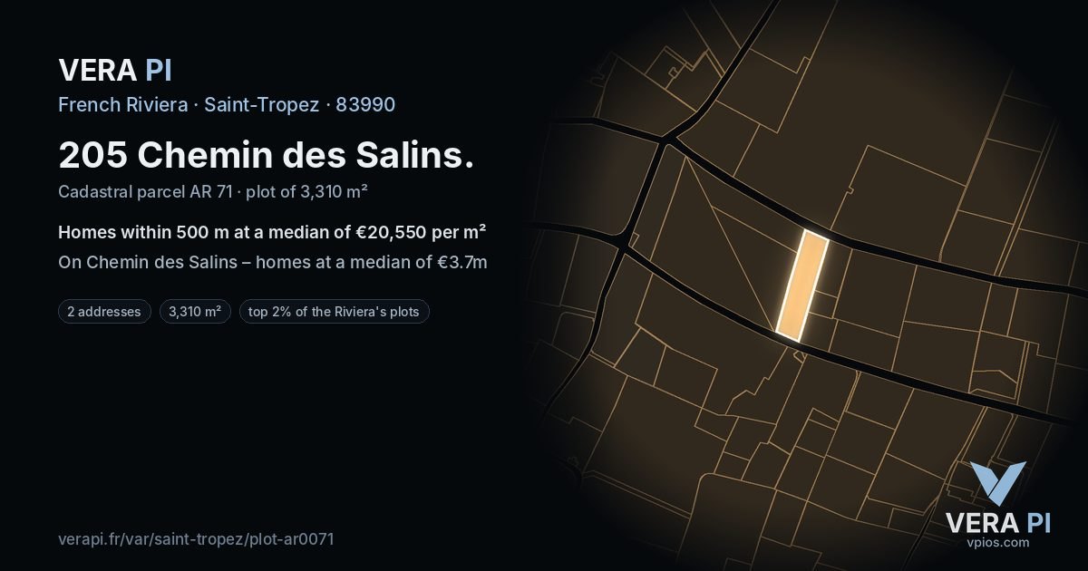 205 Chemin des Salins, Saint-Tropez at night – the plot lit, the parcels around coloured by the prices near them