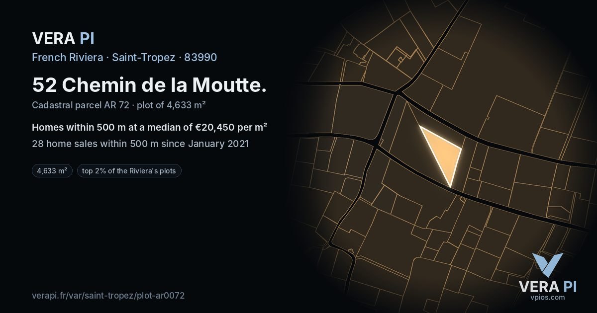 52 Chemin de la Moutte, Saint-Tropez at night – the plot lit, the parcels around coloured by the prices near them
