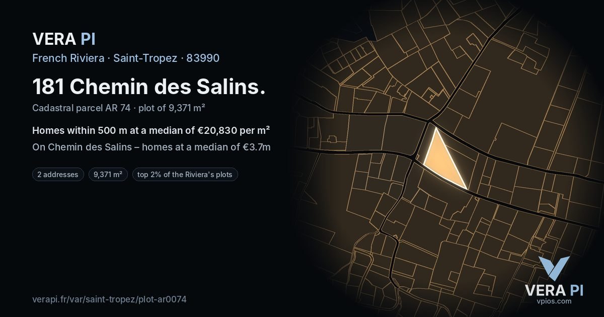 181 Chemin des Salins, Saint-Tropez at night – the plot lit, the parcels around coloured by the prices near them