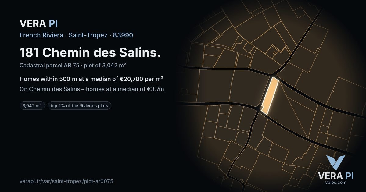 181 Chemin des Salins, Saint-Tropez at night – the plot lit, the parcels around coloured by the prices near them
