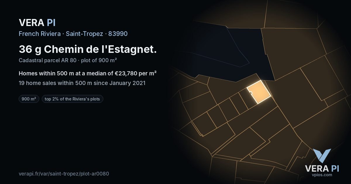 36 g Chemin de l'Estagnet, Saint-Tropez at night – the plot lit, the parcels around coloured by the prices near them