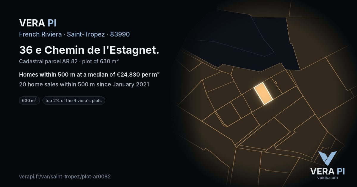 36 e Chemin de l'Estagnet, Saint-Tropez at night – the plot lit, the parcels around coloured by the prices near them