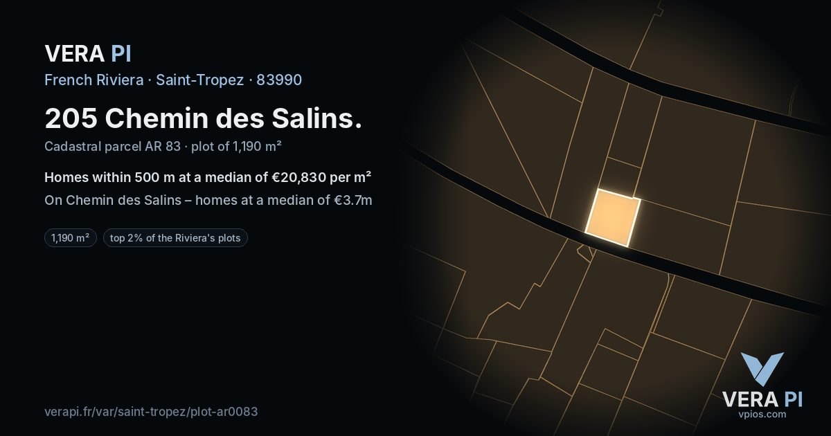 205 Chemin des Salins, Saint-Tropez at night – the plot lit, the parcels around coloured by the prices near them