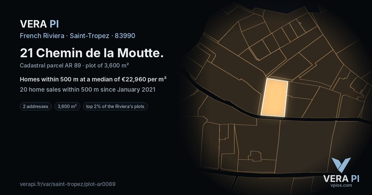 21 Chemin de la Moutte, Saint-Tropez at night – the plot lit, the parcels around coloured by the prices near them