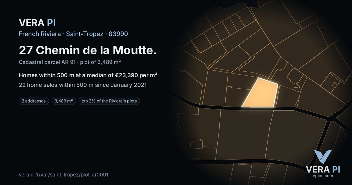 27 Chemin de la Moutte, Saint-Tropez at night – the plot lit, the parcels around coloured by the prices near them