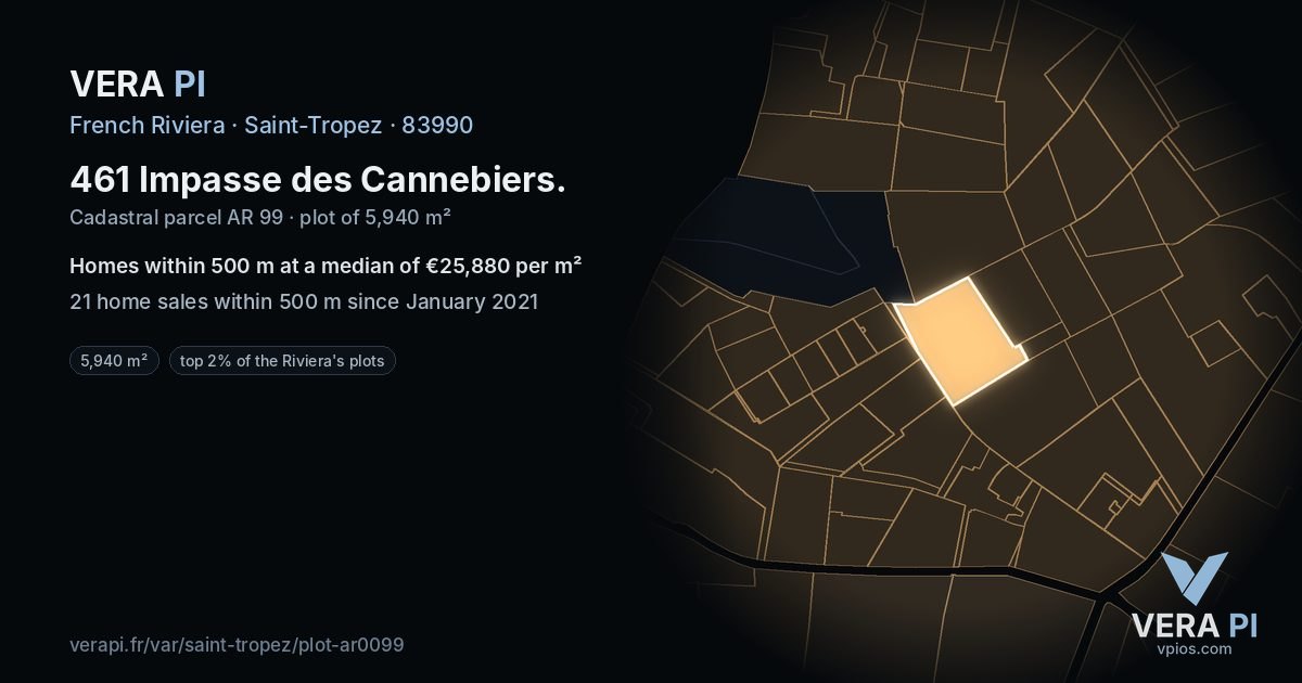 461 Impasse des Cannebiers, Saint-Tropez at night – the plot lit, the parcels around coloured by the prices near them