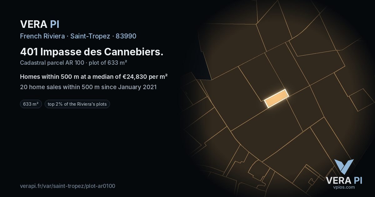 401 Impasse des Cannebiers, Saint-Tropez at night – the plot lit, the parcels around coloured by the prices near them
