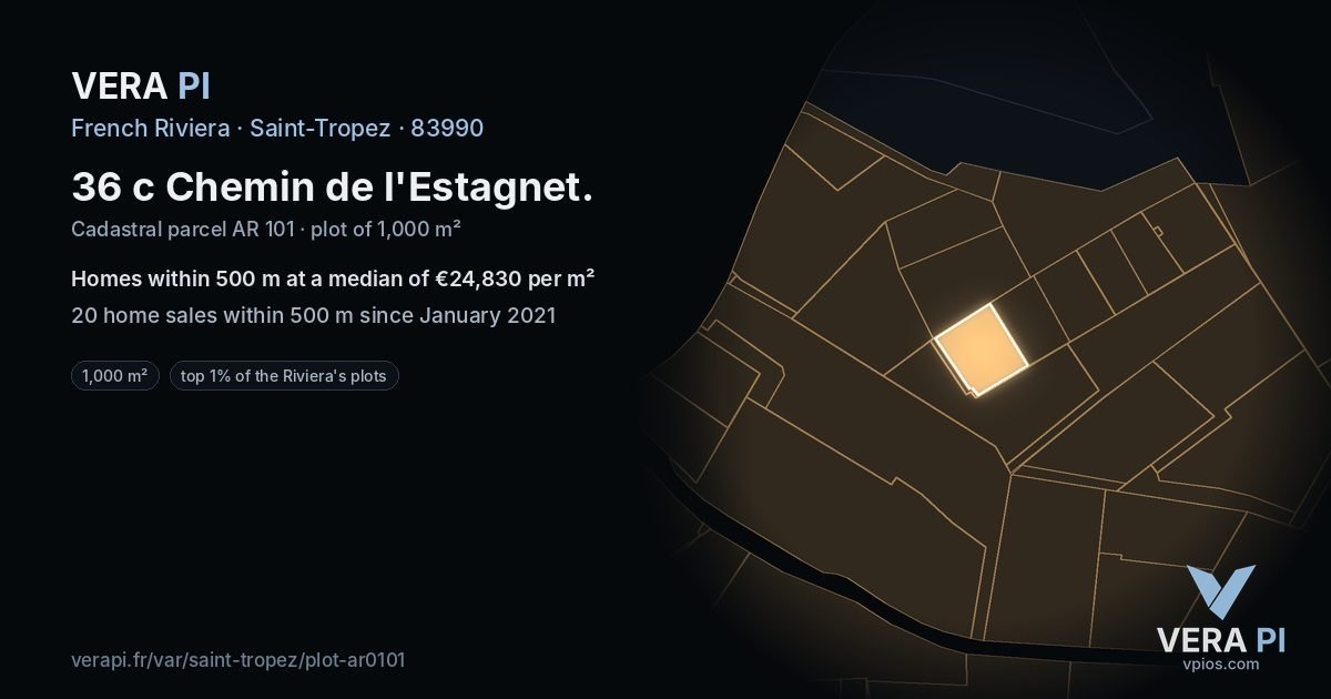 36 c Chemin de l'Estagnet, Saint-Tropez at night – the plot lit, the parcels around coloured by the prices near them