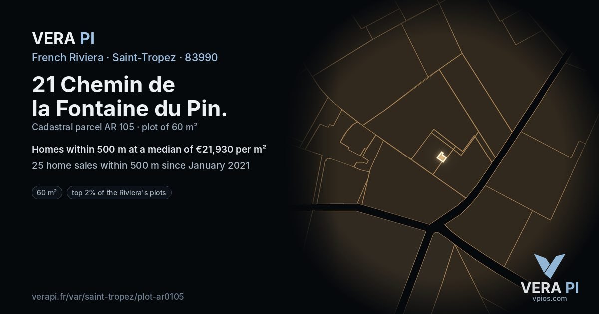 21 Chemin de la Fontaine du Pin, Saint-Tropez at night – the plot lit, the parcels around coloured by the prices near them