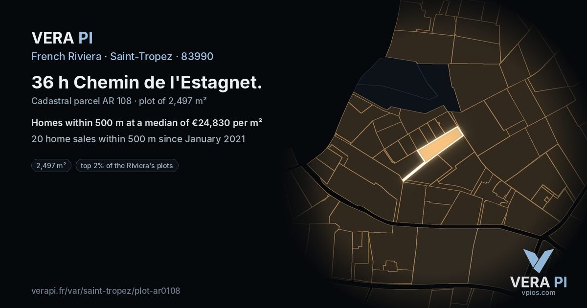 36 h Chemin de l'Estagnet, Saint-Tropez at night – the plot lit, the parcels around coloured by the prices near them