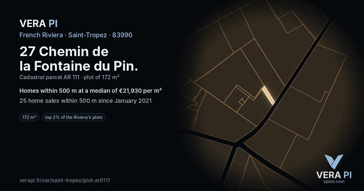 27 Chemin de la Fontaine du Pin, Saint-Tropez at night – the plot lit, the parcels around coloured by the prices near them