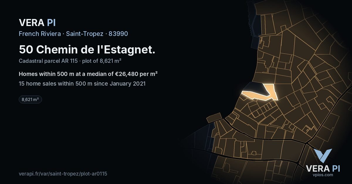 50 Chemin de l'Estagnet, Saint-Tropez at night – the plot lit, the parcels around coloured by the prices near them