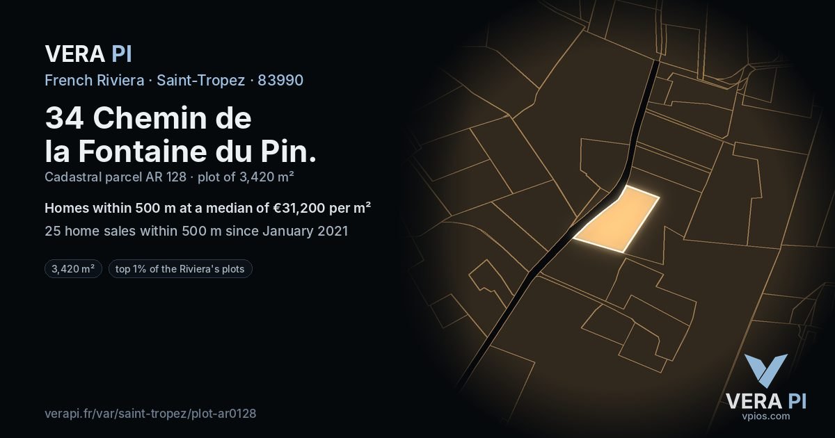34 Chemin de la Fontaine du Pin, Saint-Tropez at night – the plot lit, the parcels around coloured by the prices near them