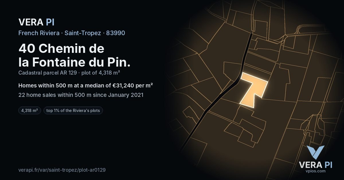 40 Chemin de la Fontaine du Pin, Saint-Tropez at night – the plot lit, the parcels around coloured by the prices near them
