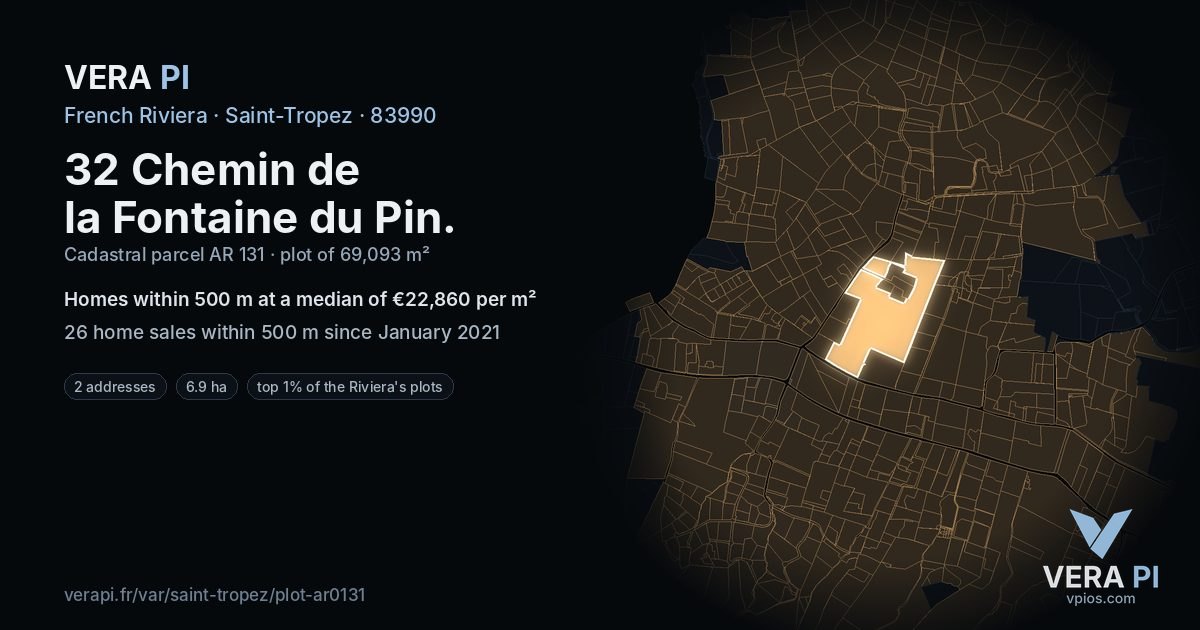 32 Chemin de la Fontaine du Pin, Saint-Tropez at night – the plot lit, the parcels around coloured by the prices near them