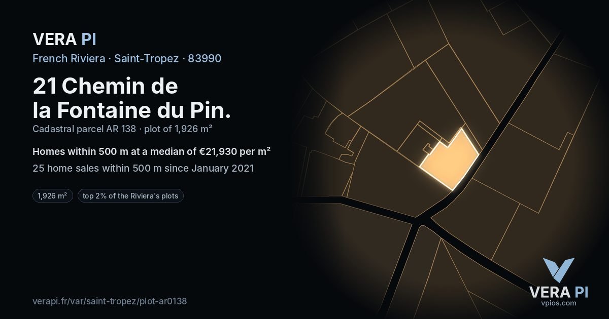 21 Chemin de la Fontaine du Pin, Saint-Tropez at night – the plot lit, the parcels around coloured by the prices near them