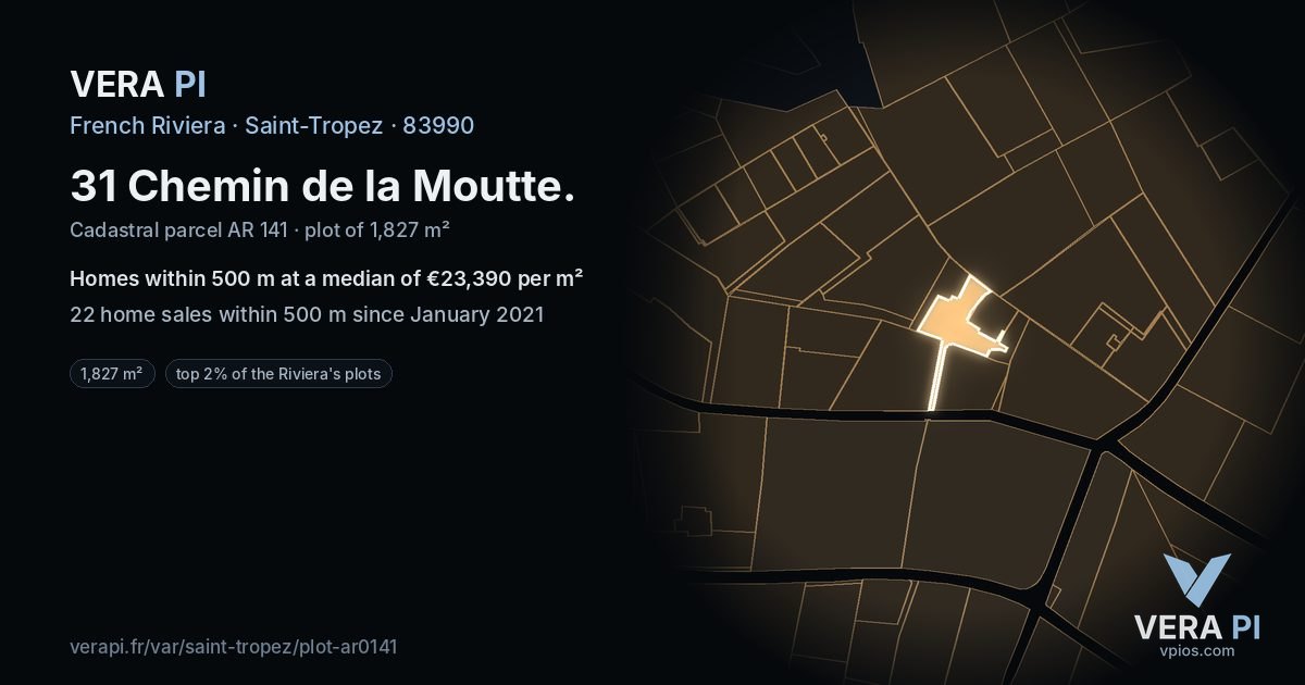 31 Chemin de la Moutte, Saint-Tropez at night – the plot lit, the parcels around coloured by the prices near them
