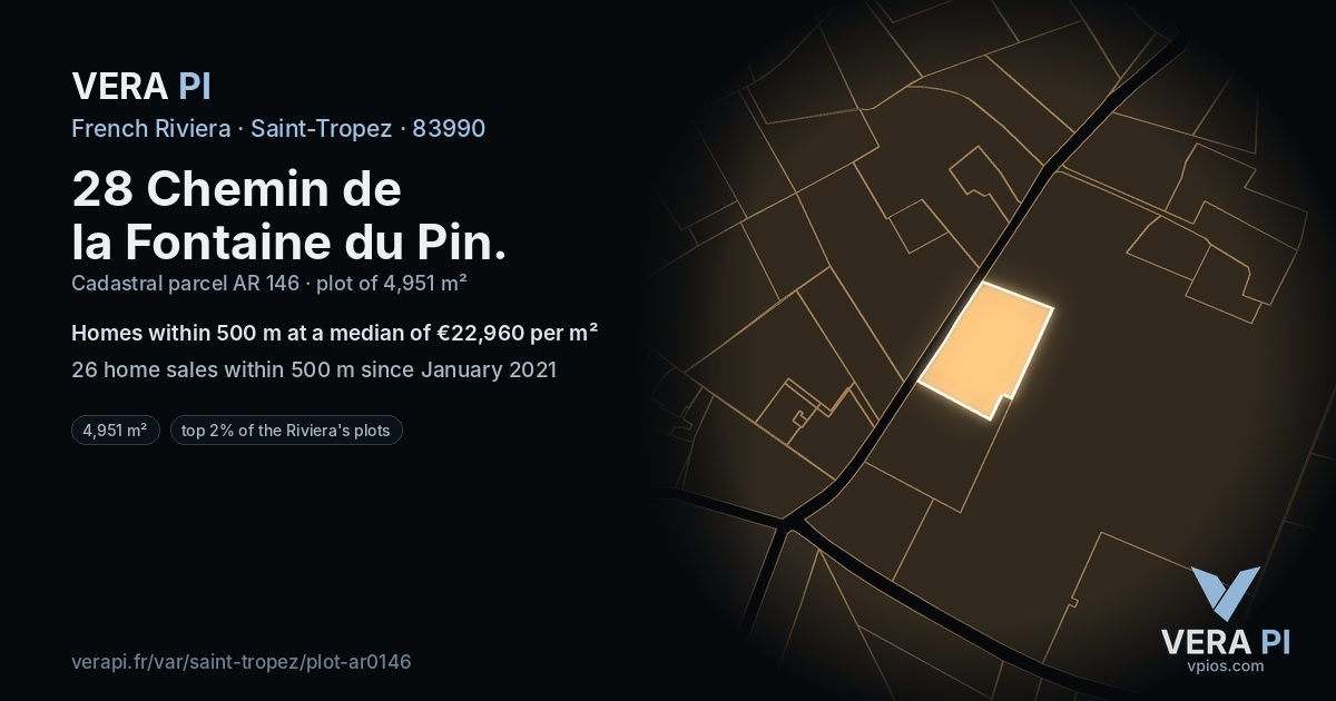 28 Chemin de la Fontaine du Pin, Saint-Tropez at night – the plot lit, the parcels around coloured by the prices near them