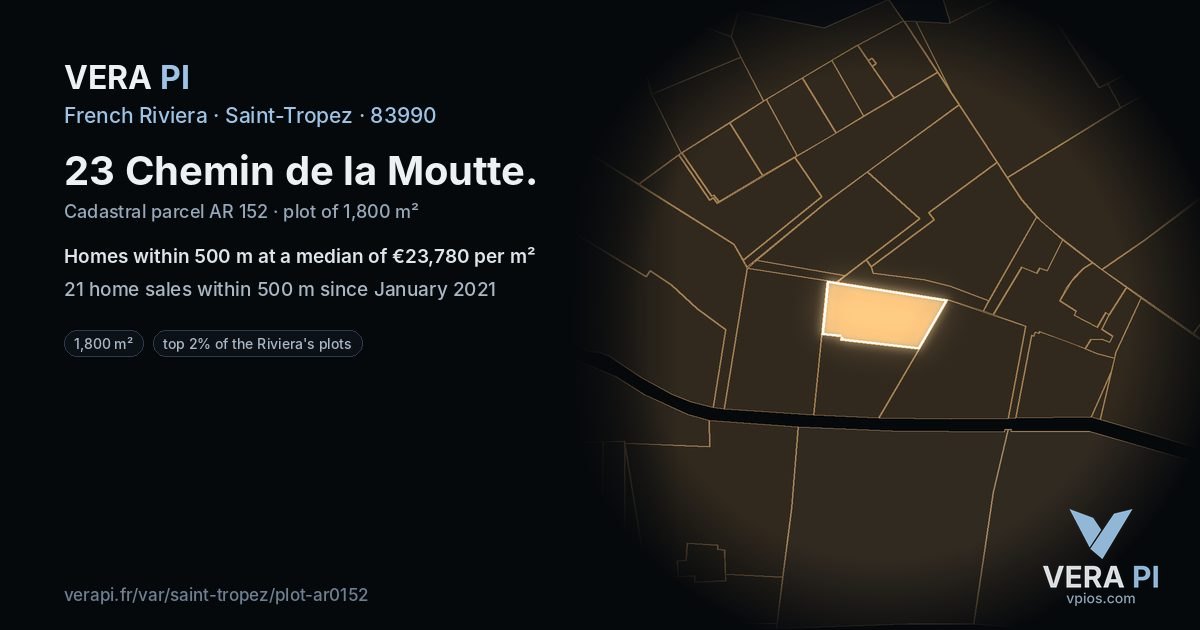 23 Chemin de la Moutte, Saint-Tropez at night – the plot lit, the parcels around coloured by the prices near them